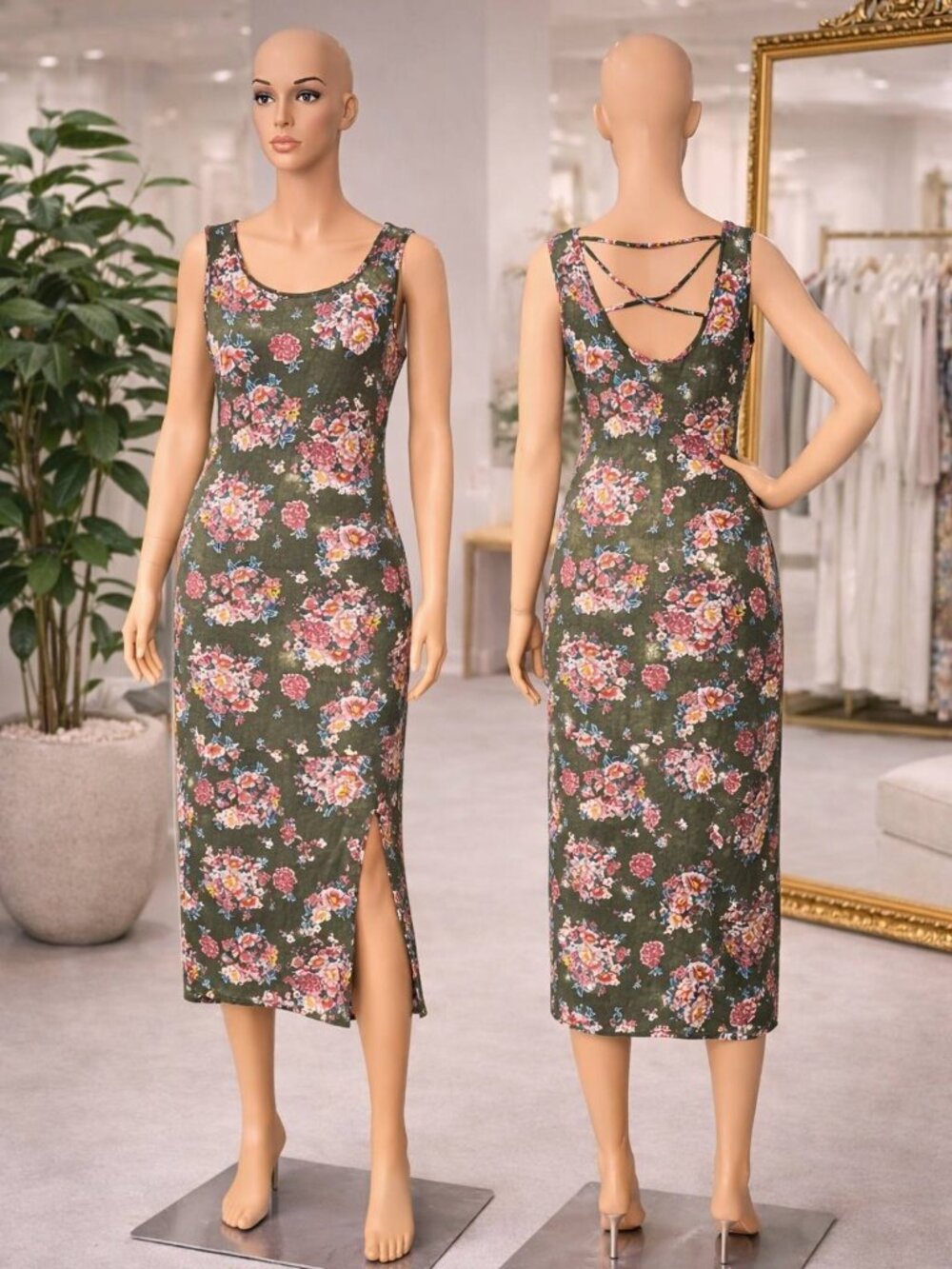 Floral Brown Maxi Body Con Dress - Size Large